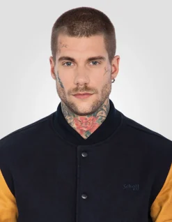 Blouson teddy bleu marine et cognac, cuir de vachette - MARINE/COGNAC