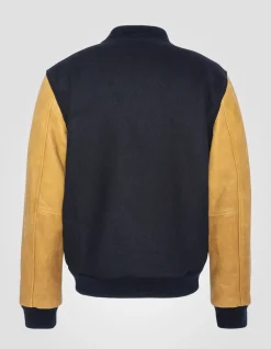 Blouson teddy bleu marine et cognac, cuir de vachette - MARINE/COGNAC