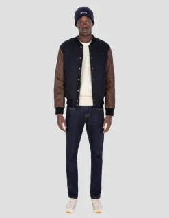 Blouson teddy bleu marine et marron, cuir de vachette - MARINE/MARRON
