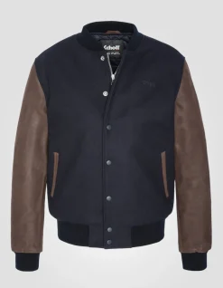 Blouson teddy bleu marine et marron, cuir de vachette - MARINE/MARRON