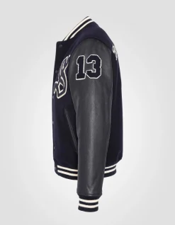 Blouson teddy brodé bleu marine, cuir de vachette - MARINE