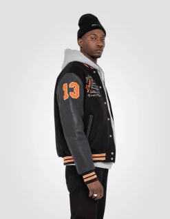 Blouson teddy brodé noir, cuir de vachette - NOIR