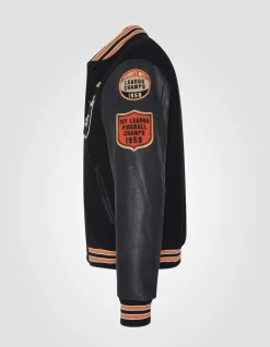Blouson teddy brodé noir, cuir de vachette - NOIR