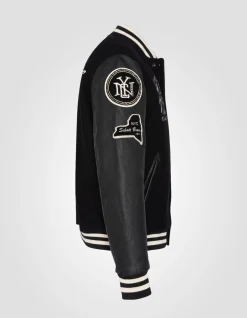Blouson teddy brodé noir, cuir de vachette - NOIR