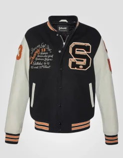 Blouson teddy brodé noir et beige, cuir de vachette - NOIR/BEIGE