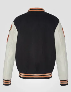 Blouson teddy brodé noir et beige, cuir de vachette - NOIR/BEIGE