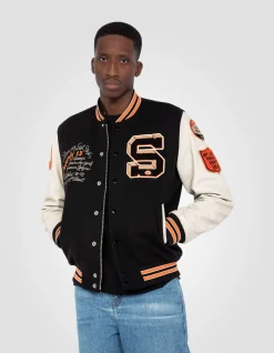 Blouson teddy brodé noir et beige, cuir de vachette - NOIR/BEIGE