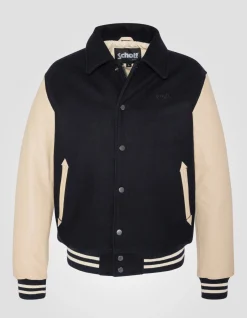 Blouson teddy à col bleu marine et beige, cuir de vachette - MARINE/BEIGE