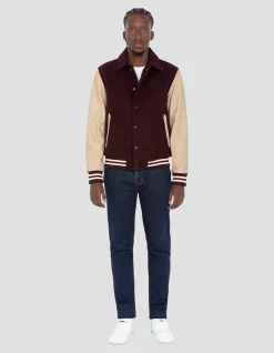 Blouson teddy à col bordeaux et beige, cuir de vachette - BORDEAUX/BEIGE