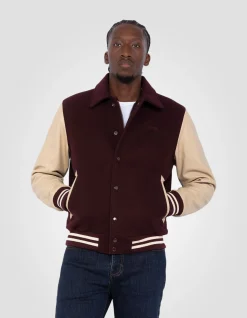 Blouson teddy à col bordeaux et beige, cuir de vachette - BORDEAUX/BEIGE