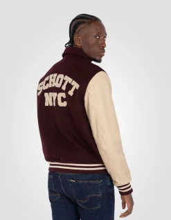 Blouson teddy à col bordeaux et beige, cuir de vachette - BORDEAUX/BEIGE