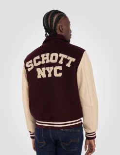 Blouson teddy à col bordeaux et beige, cuir de vachette - BORDEAUX/BEIGE