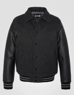 Blouson teddy à col gris et noir, cuir de vachette - GRIS/NOIR