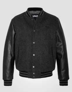 Blouson teddy gris et noir, cuir de vachette - GRIS/NOIR