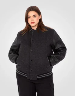 Blouson teddy gris et noir, cuir de vachette, grande taille - GRIS/NOIR