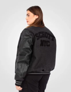 Blouson teddy gris et noir, cuir de vachette, grande taille - GRIS/NOIR