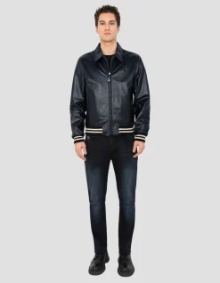 Blouson varsity bleu marine, cuir de vachette - MARINE/BLANC CASSÉ