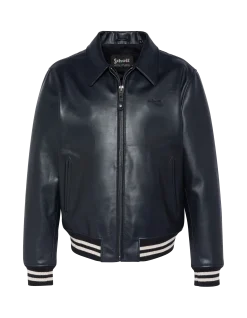Blouson varsity bleu marine, cuir de vachette - MARINE/BLANC CASSÉ