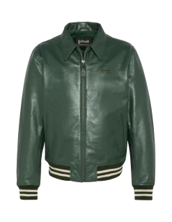 Blouson varsity vert, cuir de vachette - VERT/BLANC CASSÉ