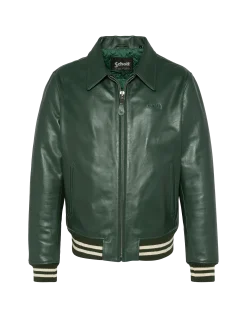 Blouson vert casual avec bord côte rayé, cuir de vachette - VERT