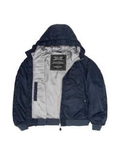 Bomber bleu marine foncé lavé à capuche en nylon recyclé - MARINE FONCÉ