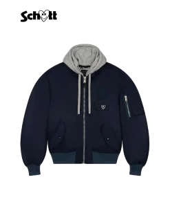 Bomber mixte bleu marine zippé à capuche Schott NYC® x Eleven Paris - MARINE