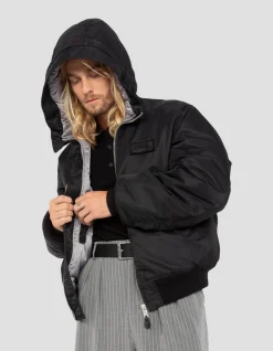 Bomber noir lavé à capuche en nylon recyclé - NOIR