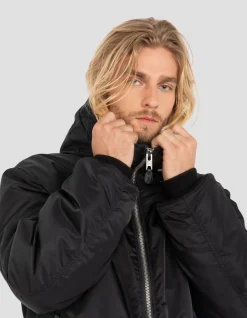 Bomber noir lavé à capuche en nylon recyclé - NOIR