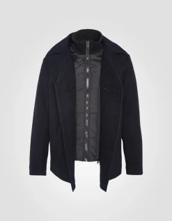 Caban bleu marine foncé en laine mélangée à plastron amovible, grande taille - MARINE FONCÉ