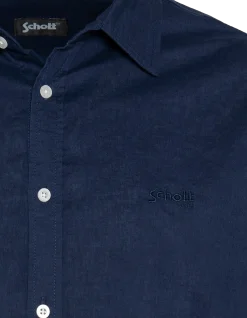 Chemise bleu marine à manches longues en coton et lin - MARINE