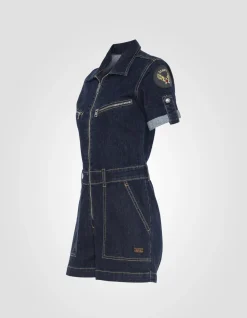 Combishort slim badgée en denim brut - DENIM BRUT