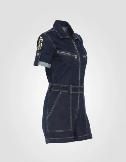 Combishort slim badgée en denim brut - DENIM BRUT