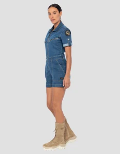 Combishort slim badgée en jean bleu - BLEU MEDIUM
