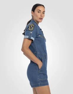 Combishort slim badgée en jean bleu - BLEU MEDIUM