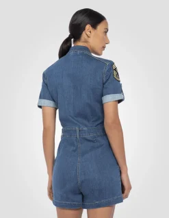Combishort slim badgée en jean bleu - BLEU MEDIUM