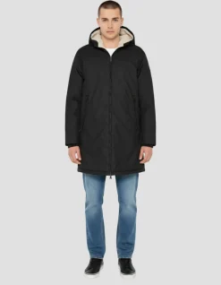Coupe-vent long noir à capuche doublé sherpa - NOIR