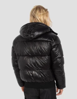 Doudoune noire à capuche shiny, coupe boxy - NOIR