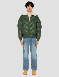 Doudoune rétro streetwear verte, cuir de vachette - VERT