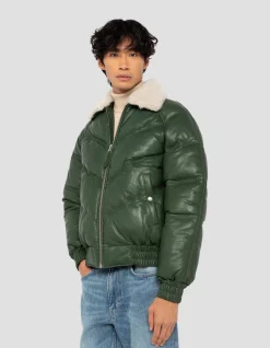Doudoune rétro streetwear verte, cuir de vachette - VERT