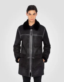 Manteau long noir, mouton double face - NOIR
