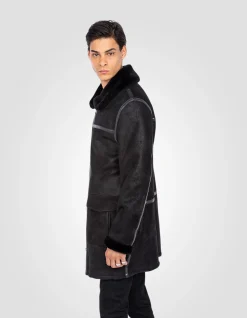 Manteau long noir, mouton double face - NOIR