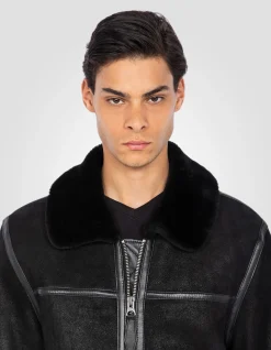 Manteau long noir, mouton double face - NOIR