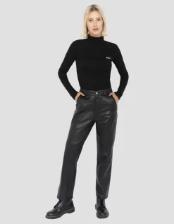 Pantalon droit noir en cuir - NOIR