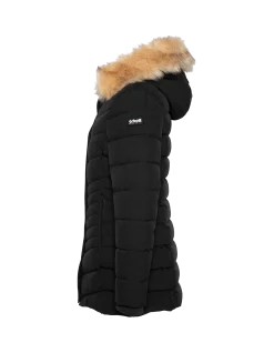 Parka noire mi-longue à capuche avec fausse fourrure amovible - NOIR