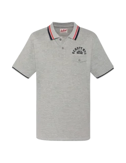 Polo gris chiné avec poche à rabat et liserés tricolores - GRIS CHINÉ