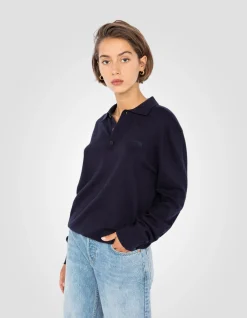 Pull col polo bleu marine en maille fine - MARINE