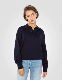 Pull col polo bleu marine en maille fine - MARINE