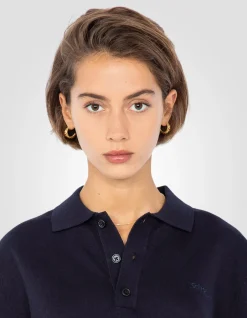 Pull col polo bleu marine en maille fine - MARINE