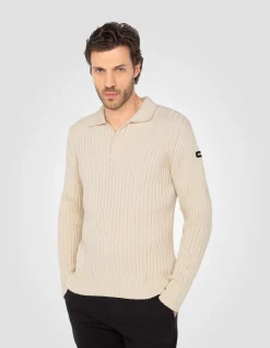 Pull col polo écru côtelé - ÉCRU