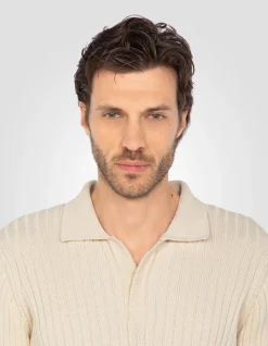 Pull col polo écru côtelé - ÉCRU